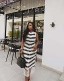 Summer Slim Round Neck Sleeveless Color Matching Striped Knitting Bodycon Tassel Dress
