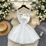 Women's Summer Square Neck Strap Mesh Patchwork Puffy Long Dress