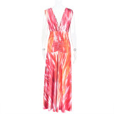 Spring Casual Women's Pleated Fashion Print V neck Slim Waist Loose Long Dress