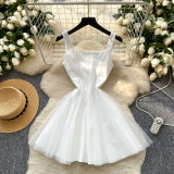Women's Summer Square Neck Strap Mesh Patchwork Puffy Long Dress