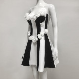 Women Strapless Sleeveless Jacquard Black and White Patchwork Dress