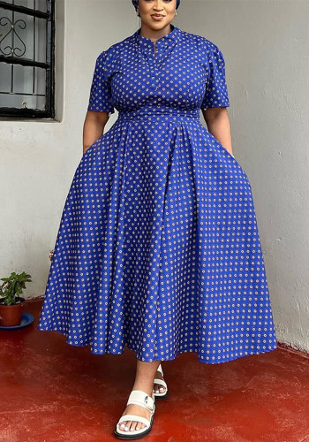 Summer Plus Size Women's Short Sleeved V neck Bohemian Polk Dot Print Long Dress