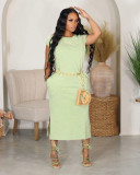 Fashionable Casual Solid Color Slit Dress with Pockets