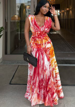 Spring Casual Women's Pleated Fashion Print V neck Slim Waist Loose Long Dress