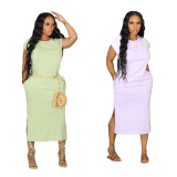 Fashionable Casual Solid Color Slit Dress with Pockets