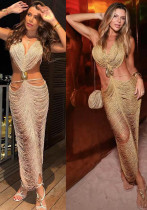 Spring Summer Fashion Shell Tassel Halter Neck Lace Up Sexy Slimming Adjustable Long Dress