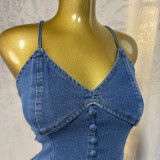 Women's Summer Sexy Fashion V neck Strap Low Back Lace Up Denim Long Dress