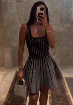 Chic Elegant Stripes Slim Waist Strap Knitting A-line Short Dress for Women Chic Elegant Stripes Slim Waist Strap Knitting A-line Short Dress for Women