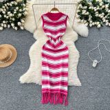 Summer Slim Round Neck Sleeveless Color Matching Striped Knitting Bodycon Tassel Dress