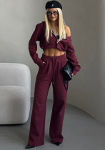 Autumn Women's Casual Solid Color Short Open Waist Hooded Top Drawstring Sweatpants Two Piece Set