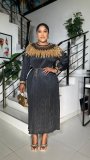 Luxury Sequin Cape Patch Slim Waist Pleated Loose Long Dress