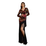 Women long-sleeved v-neck tassel sequins Formal Party fishtail evening dress