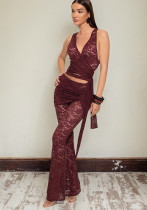 Women Hollow V Neck Crop Top Wrap Skirt with Pleated Bell Bottom Pants Two Piece Set Women Hollow V Neck Crop Top Wrap Skirt with Pleated Bell Bottom Pants Two Piece Set