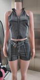 Women Denim Sleeveless Zipper Crop Top and Belt Shorts Two Piece Set