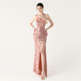 Women Sequin Sequin Beaded Slash Shoulder One-shoulder slit evening dress