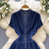 Women's Summer Deep V neck Slim Waist Buttoned Pleated Casual Denim Dress