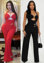 Women Summer Sexy Metal Button Hollow Sexy Backless Halter Neck Jumpsuit Women Summer Sexy Metal Button Hollow Sexy Backless Halter Neck Jumpsuit