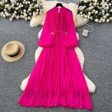 Elegant Women's Luxury Beaded Flower Belt Slim Waist Pleated Long Dress