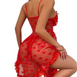 Women Sexy Red Heart Print Mesh Suspender See-Through Dress Sexy Lingerie