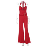 Women Summer Sexy Metal Button Hollow Sexy Backless Halter Neck Jumpsuit