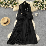 Elegant Women's Luxury Beaded Flower Belt Slim Waist Pleated Long Dress