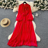 Elegant Women's Luxury Beaded Flower Belt Slim Waist Pleated Long Dress