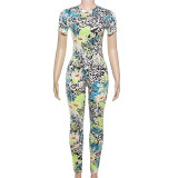 Women Spring Summer Street Round Neck Short Sleeve Abstract Print Jumpsuit