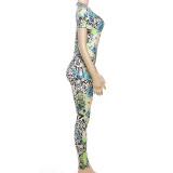 Women Spring Summer Street Round Neck Short Sleeve Abstract Print Jumpsuit