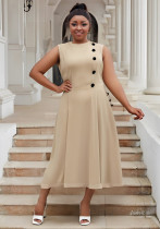 Plus Size Women Elegant Stand Collar Sleeveless Button Dress