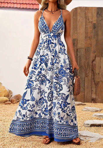 Women Elegant V Neck Cross Print Dress
