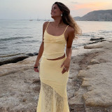 Women Summer Lace See-Through Ruffle Edge Crop Top and Skirt Two Piece Set