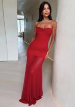 Women Strapless Backless Gathered Mesh Dress