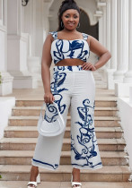 Plus Size Women Sexy Print Suspender Top and High Waist Wide Leg Pants Two Piece Set