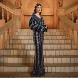 Women long-sleeved v-neck Bodycon sequins Formal Party Fishtail Evening Dress
