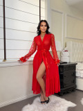 Women Heart Print Mesh Robe Nightgown Sexy Lingerie Two Piece Set