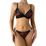 Women Summer Lip Embroidery Sexy Lingerie Two Piece Set
