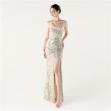 Women Sequin Sequin Beaded Slash Shoulder One-shoulder slit evening dress