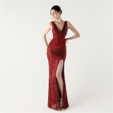 Women sequined feather decoration sexy V Neck cross Lace-Up bow evening dress