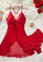 Women Sleepwear Slit Lace Sexy Lingerie Two Piece Set