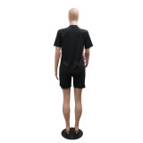 Women Summer Round Neck Beaded Short Sleeve Top Shorts Casual Two Piece Set