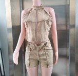Women Denim Sleeveless Zipper Crop Top and Belt Shorts Two Piece Set