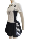 Women Lace Letter Print Button Casual Top and Skirt Two Piece Set
