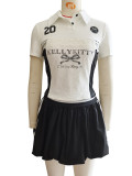 Women Lace Letter Print Button Casual Top and Skirt Two Piece Set