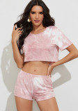 Women Summer Tie-dye Round Neck Short-sleeved Top and Shorts Sports Two Piece Set