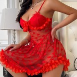 Women Sexy Red Heart Print Mesh Suspender See-Through Dress Sexy Lingerie