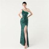 Women Sequin Sequin Beaded Slash Shoulder One-shoulder slit evening dress
