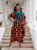 Plus Size Women Sexy Casual Patchwork Contrast Print Slit Dress