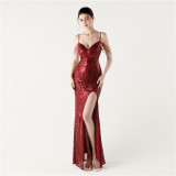 Women beaded sequin fishbone Lace-Up See-Through evening dress