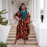 Plus Size Women Sexy Casual Patchwork Contrast Print Slit Dress