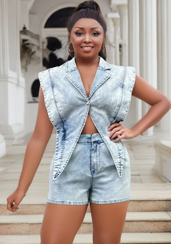 Plus Size Women Casual Short Sleeve Washed Denim Cargo Shorts Jumpsuit